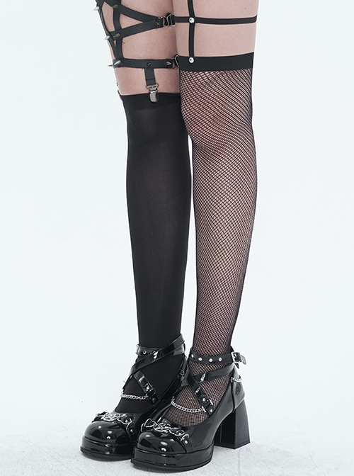 Gothic Style Sexy Asymmetric Mesh Adjustable PU Leather Metal Rivet Black Stretch Stockings