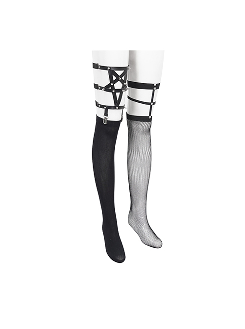 Gothic Style Sexy Asymmetric Mesh Adjustable PU Leather Metal Rivet Black Stretch Stockings