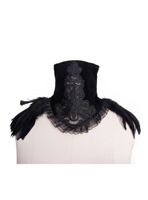 Gothic Style Elegant And Comfortable Weft Velvet Front Center Lace Embroidery Side Feather Decoration Black Gorgeous Neckband