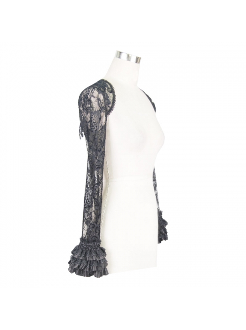 Gothic Style Gorgeous Tassel Elastic Rose Mesh Lace Pleated Black Trumpet Long Sleeve Shawl
