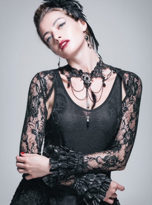 Gothic Style Gorgeous Tassel Elastic Rose Mesh Lace Pleated Black Trumpet Long Sleeve Shawl