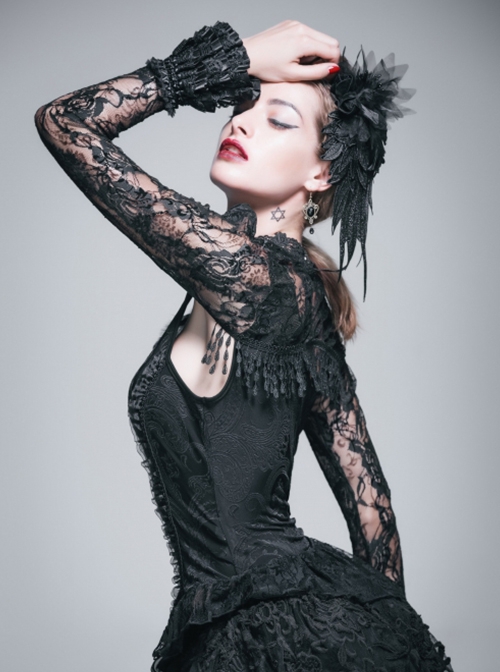 Gothic Style Gorgeous Tassel Elastic Rose Mesh Lace Pleated Black Trumpet Long Sleeve Shawl