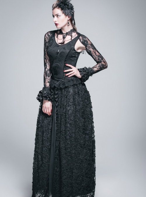Gothic Style Gorgeous Tassel Elastic Rose Mesh Lace Pleated Black Trumpet Long Sleeve Shawl