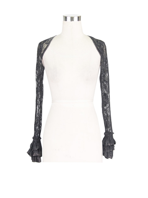 Gothic Style Gorgeous Tassel Elastic Rose Mesh Lace Pleated Black Trumpet Long Sleeve Shawl
