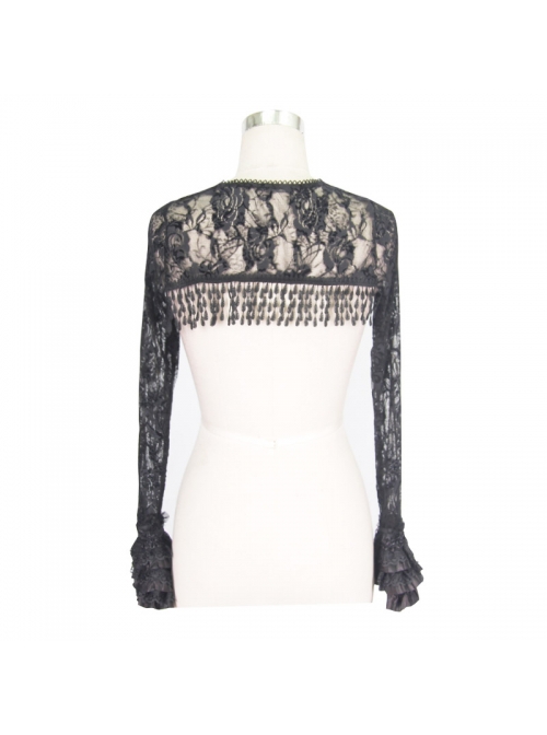 Gothic Style Gorgeous Tassel Elastic Rose Mesh Lace Pleated Black Trumpet Long Sleeve Shawl