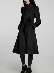 Gothic Style Exquisite Embroidered Appliques Collar And Lower Plush Decoration Black Long Sleeves Slim Wool Coat