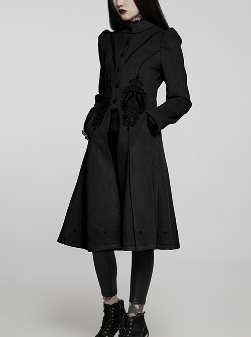 Gothic Style Exquisite Embroidered Appliques Collar And Lower Plush Decoration Black Long Sleeves Slim Wool Coat