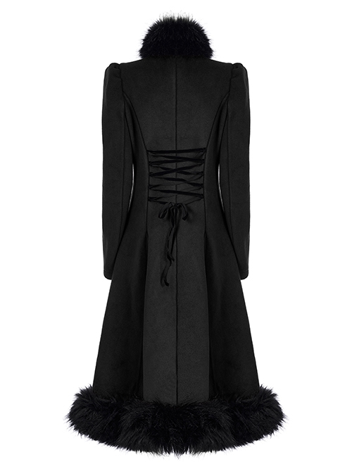 Gothic Style Exquisite Embroidered Appliques Collar And Lower Plush Decoration Black Long Sleeves Slim Wool Coat