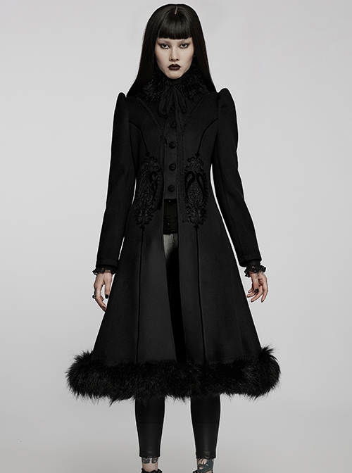 Gothic Style Exquisite Embroidered Appliques Collar And Lower Plush Decoration Black Long Sleeves Slim Wool Coat