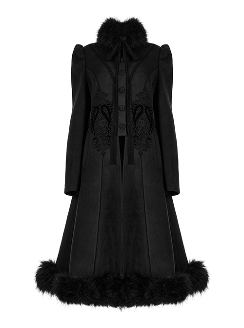 Gothic Style Exquisite Embroidered Appliques Collar And Lower Plush Decoration Black Long Sleeves Slim Wool Coat