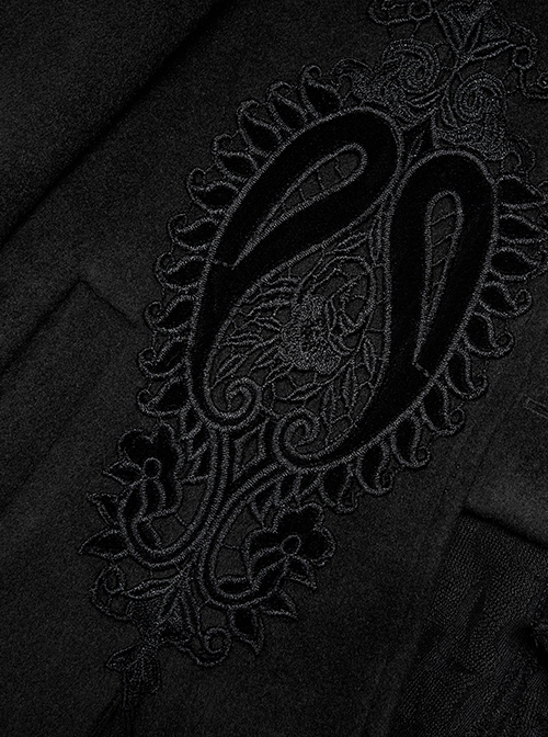 Gothic Style Exquisite Embroidered Appliques Collar And Lower Plush Decoration Black Long Sleeves Slim Wool Coat