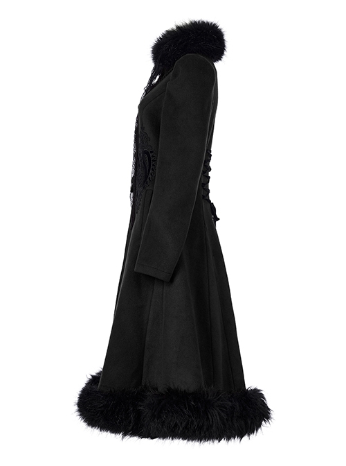 Gothic Style Exquisite Embroidered Appliques Collar And Lower Plush Decoration Black Long Sleeves Slim Wool Coat