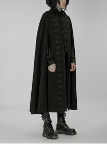 Gothic Style Elegant Stand Collar Gorgeous Embroidery Applique Decoration Placket Black Woolen Long Cloak