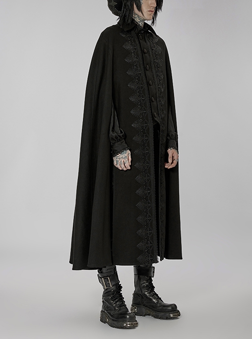 Gothic Style Elegant Stand Collar Gorgeous Embroidery Applique Decoration Placket Black Woolen Long Cloak