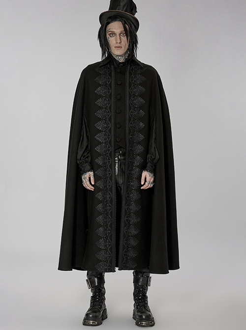 Gothic Style Elegant Stand Collar Gorgeous Embroidery Applique Decoration Placket Black Woolen Long Cloak
