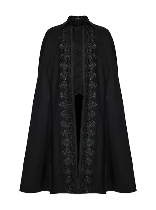 Gothic Style Elegant Stand Collar Gorgeous Embroidery Applique Decoration Placket Black Woolen Long Cloak