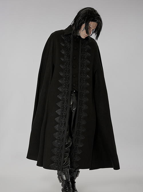 Gothic Style Elegant Stand Collar Gorgeous Embroidery Applique Decoration Placket Black Woolen Long Cloak