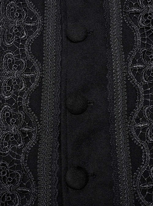Gothic Style Elegant Stand Collar Gorgeous Embroidery Applique Decoration Placket Black Woolen Long Cloak