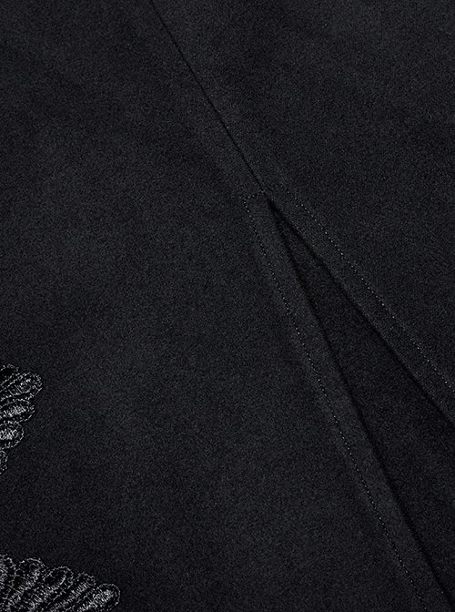 Gothic Style Elegant Stand Collar Gorgeous Embroidery Applique Decoration Placket Black Woolen Long Cloak