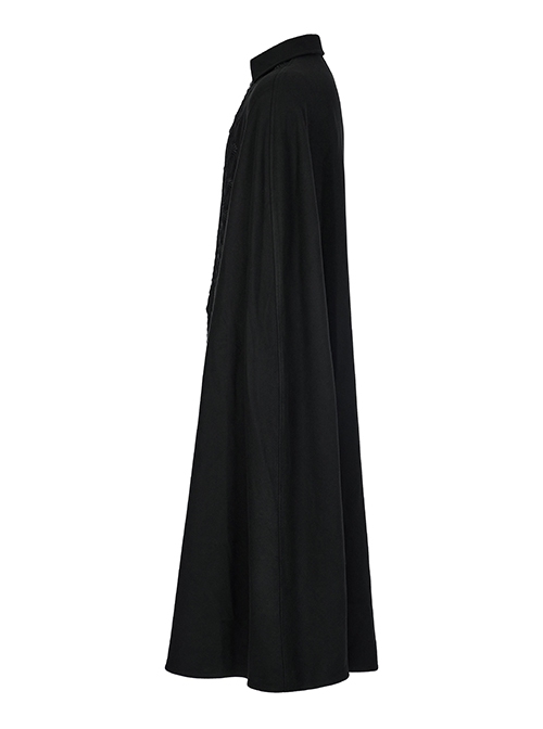Gothic Style Elegant Stand Collar Gorgeous Embroidery Applique Decoration Placket Black Woolen Long Cloak