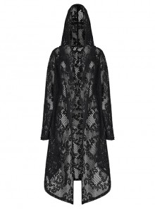Gothic Style Personality Lace Mesh Slightly Transparent Witch Feeling Black Long Sleeves Hooded Loose Coat