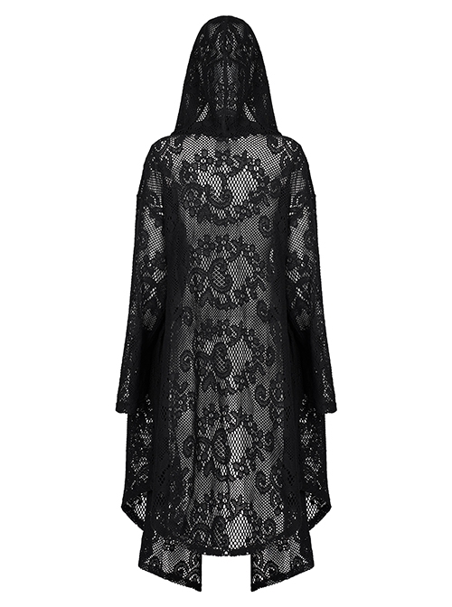 Gothic Style Personality Lace Mesh Slightly Transparent Witch Feeling Black Long Sleeves Hooded Loose Coat
