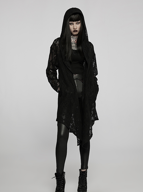Gothic Style Personality Lace Mesh Slightly Transparent Witch Feeling Black Long Sleeves Hooded Loose Coat
