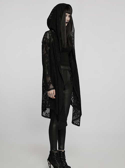 Gothic Style Personality Lace Mesh Slightly Transparent Witch Feeling Black Long Sleeves Hooded Loose Coat