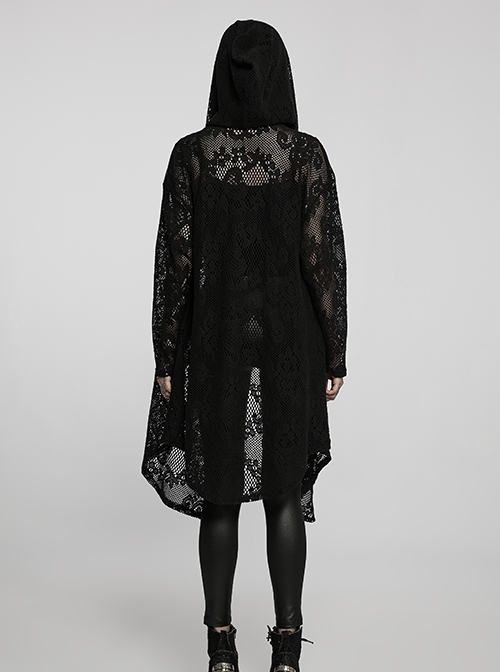 Gothic Style Personality Lace Mesh Slightly Transparent Witch Feeling Black Long Sleeves Hooded Loose Coat