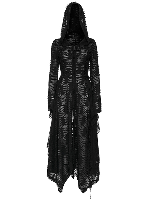 Gothic Style Exquisite Rivet Velvet Drawstring Decoration Mysterious Witch Black Trumpet Sleeves Hooded Coat