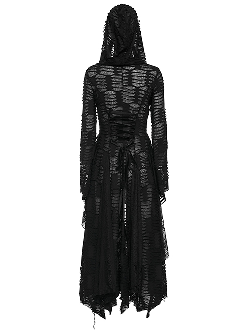 Gothic Style Exquisite Rivet Velvet Drawstring Decoration Mysterious Witch Black Trumpet Sleeves Hooded Coat
