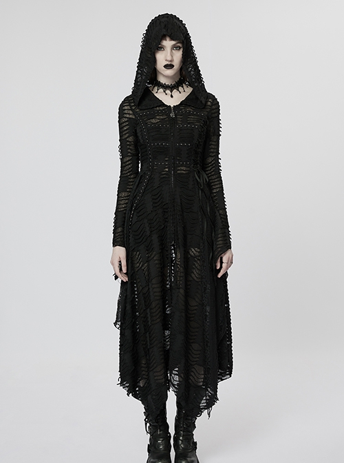 Gothic Style Exquisite Rivet Velvet Drawstring Decoration Mysterious Witch Black Trumpet Sleeves Hooded Coat