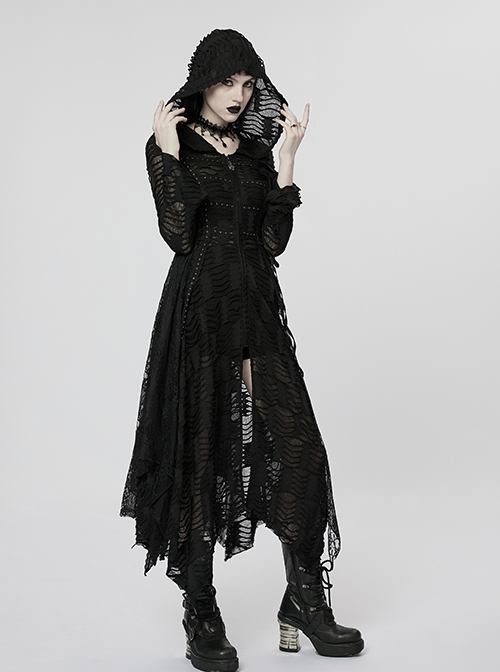 Gothic Style Exquisite Rivet Velvet Drawstring Decoration Mysterious Witch Black Trumpet Sleeves Hooded Coat