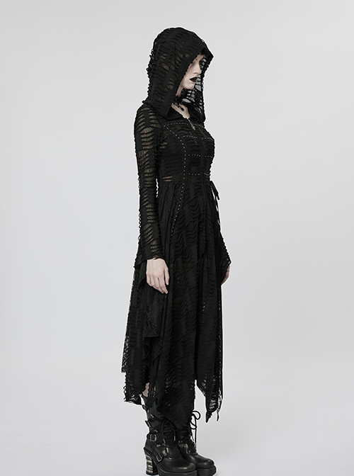 Gothic Style Exquisite Rivet Velvet Drawstring Decoration Mysterious Witch Black Trumpet Sleeves Hooded Coat