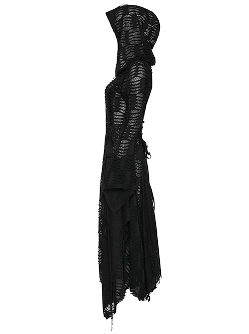 Gothic Style Exquisite Rivet Velvet Drawstring Decoration Mysterious Witch Black Trumpet Sleeves Hooded Coat