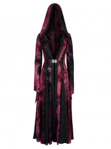 Gothic Style Exquisite Carved Metal Buckle Lace Embellished Cross Strap Unique Black Red Tie Dye Hooded Coat