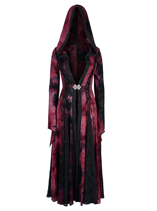 Gothic Style Exquisite Carved Metal Buckle Lace Embellished Cross Strap Unique Black Red Tie Dye Hooded Coat
