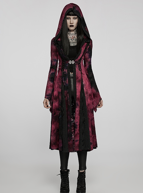 Gothic Style Exquisite Carved Metal Buckle Lace Embellished Cross Strap Unique Black Red Tie Dye Hooded Coat