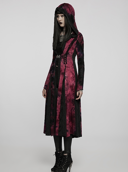 Gothic Style Exquisite Carved Metal Buckle Lace Embellished Cross Strap Unique Black Red Tie Dye Hooded Coat