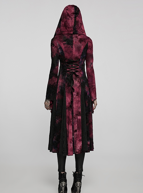 Gothic Style Exquisite Carved Metal Buckle Lace Embellished Cross Strap Unique Black Red Tie Dye Hooded Coat