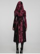 Gothic Style Exquisite Carved Metal Buckle Lace Embellished Cross Strap Unique Black Red Tie Dye Hooded Coat