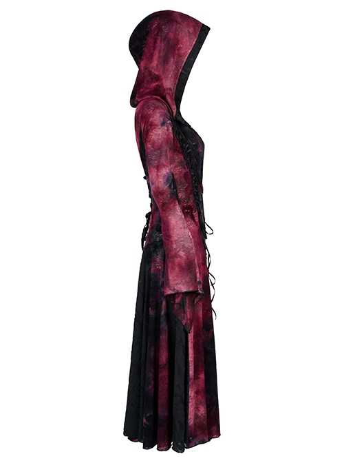 Gothic Style Exquisite Carved Metal Buckle Lace Embellished Cross Strap Unique Black Red Tie Dye Hooded Coat