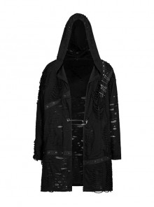 Punk Style Decadent Tattered Knitted Material Oversized Metal Pin Decoration Black Hooded Long Sleeves Coat