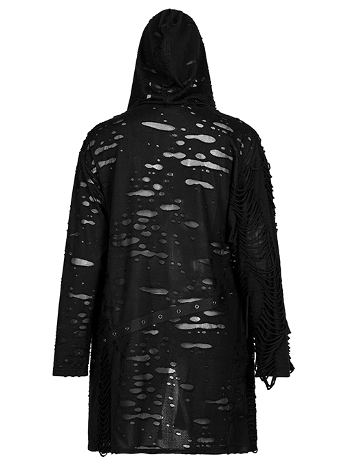 Punk Style Decadent Tattered Knitted Material Oversized Metal Pin Decoration Black Hooded Long Sleeves Coat