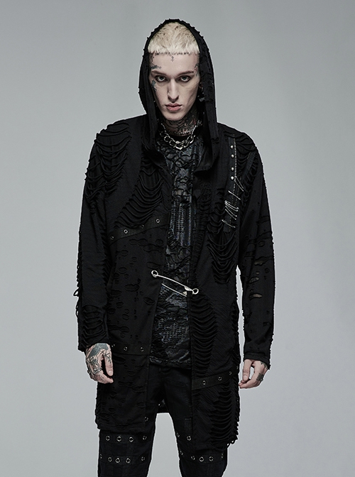 Punk Style Decadent Tattered Knitted Material Oversized Metal Pin Decoration Black Hooded Long Sleeves Coat