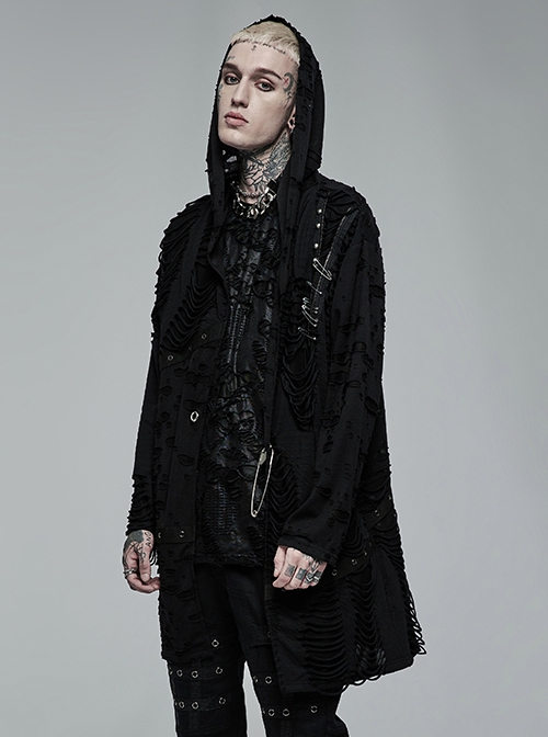Punk Style Decadent Tattered Knitted Material Oversized Metal Pin Decoration Black Hooded Long Sleeves Coat