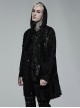 Punk Style Decadent Tattered Knitted Material Oversized Metal Pin Decoration Black Hooded Long Sleeves Coat