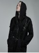 Punk Style Decadent Tattered Knitted Material Oversized Metal Pin Decoration Black Hooded Long Sleeves Coat