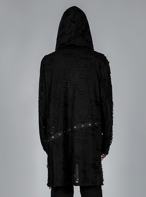 Punk Style Decadent Tattered Knitted Material Oversized Metal Pin Decoration Black Hooded Long Sleeves Coat