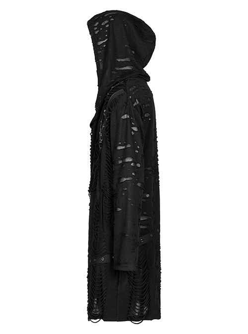 Punk Style Decadent Tattered Knitted Material Oversized Metal Pin Decoration Black Hooded Long Sleeves Coat